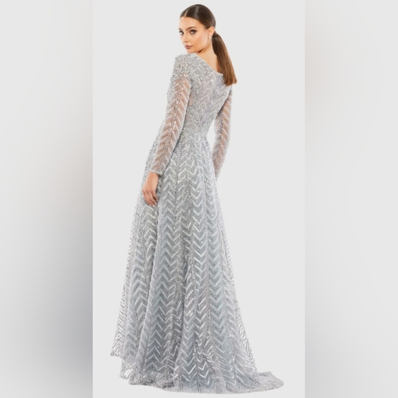 Mac Duggal Silver Embellished Illusion Long Sleeve Size 12 NWT A-Line Gown 20189 - Picture 3 of 7